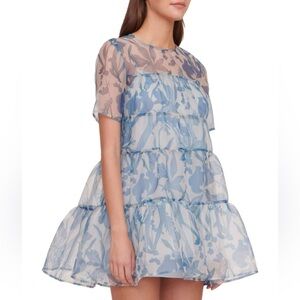 STAUD Blue Floral Organza Mini Dress with Sleeves